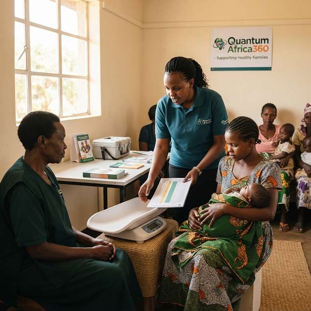 A health worker weighing a baby for growth monitoring at a child health clinic