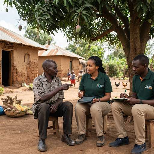 A field researcher conducting a household interview during a community survey