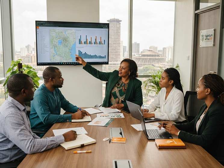 Team reviewing a data analytics dashboard during a meeting in Nairobi
