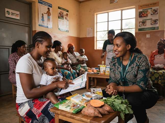 Nutrition counselling with a mother and child at a maternal and child health clinic