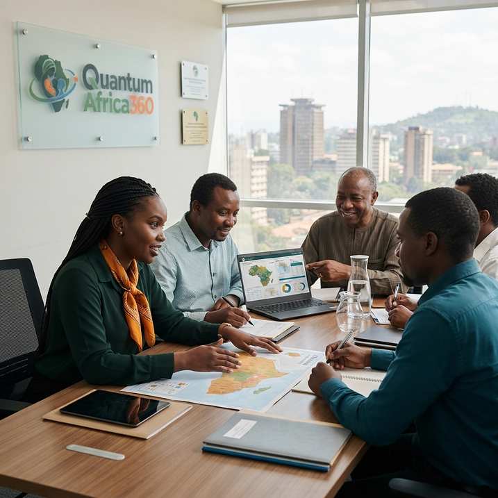 Quantum Africa360 team in a planning meeting around a map of Africa