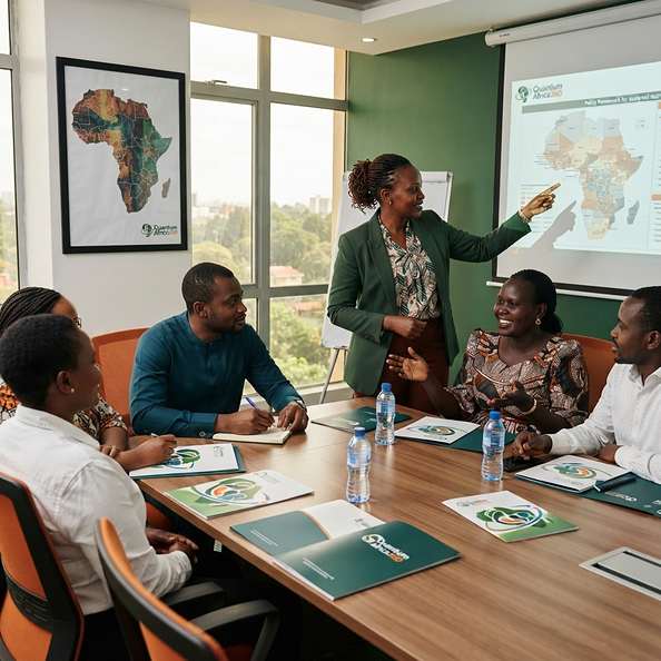 A team briefing on policy frameworks beside a map of Africa